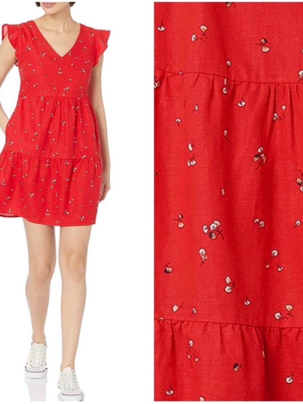 Goodthreads Cotton and Linen Blend Red Mini Dress with Tiny Floral Print Size XL